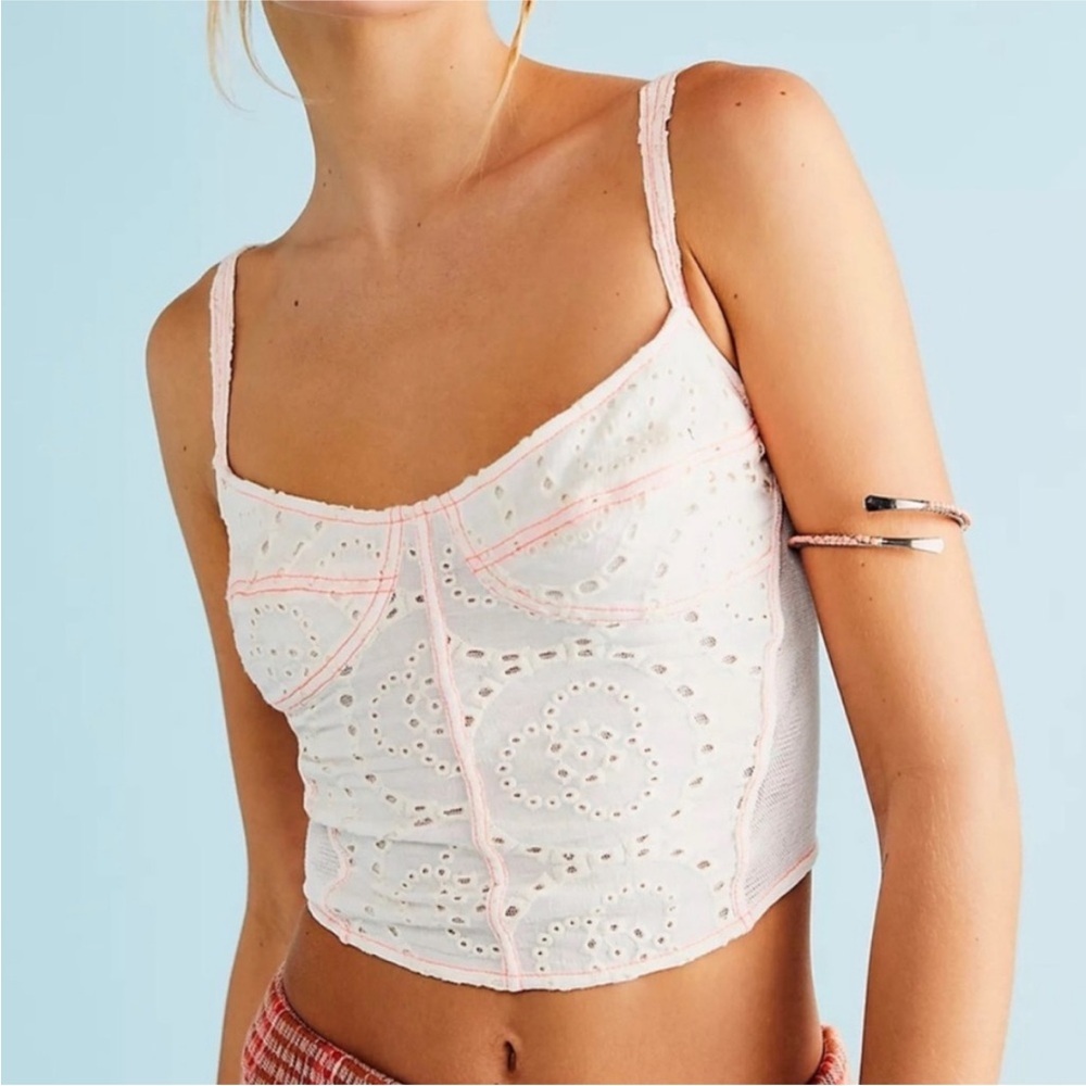 Free People White Eyelet Crochet Crop Top with Pink Trim
